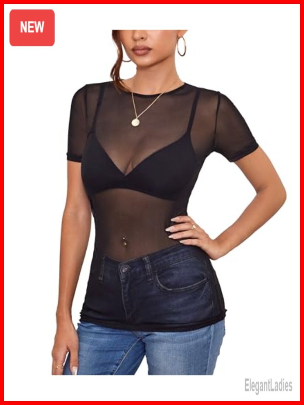 Women's Sheer Mesh Short Sleeve See Through Bodycon Tee Top